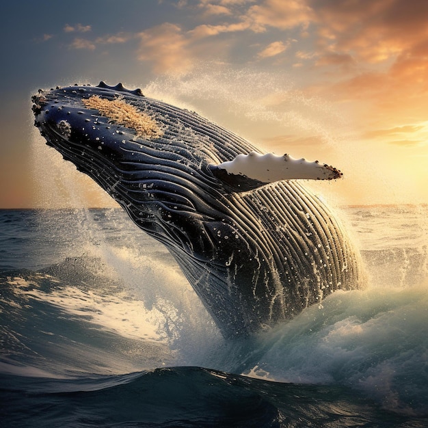 Photo whale jumping out of the water at sunset