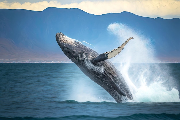 Whale jumping out of water with its back with splashes