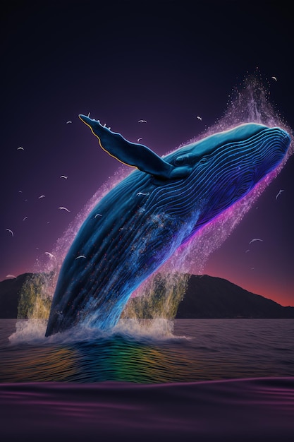 A whale jumping out of the water with a purple background