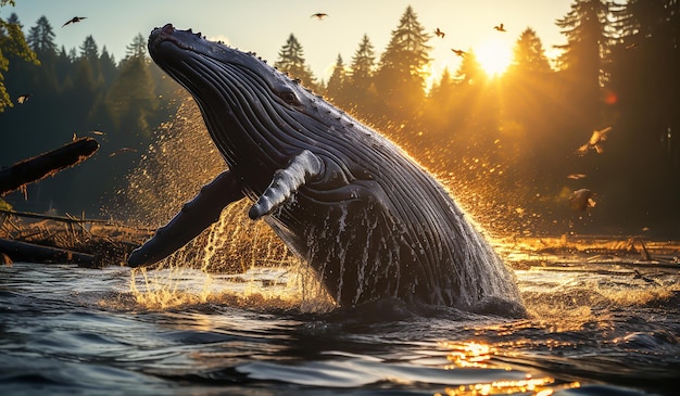 Whale jumping in water at sunset AI generated