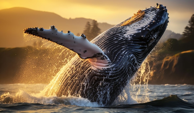 Whale jumping in water at sunset AI generated