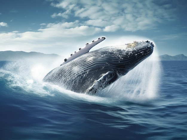 曇り空の前でクジラが水面から飛び出します。