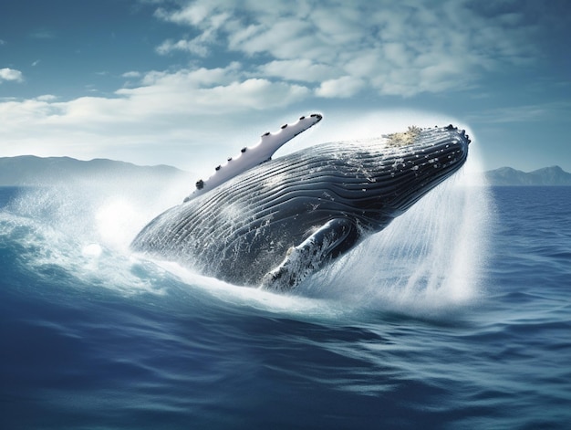 A whale jumps out of the water in front of a cloudy sky.