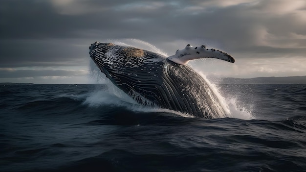 A whale jumps out of the water in the ocean