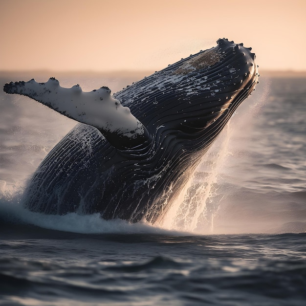 A whale jumps out of the water in the ocean.