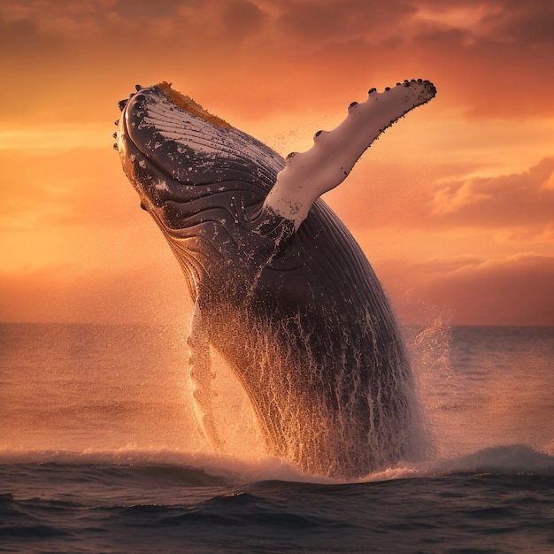 A whale jumps out of the water at sunset.