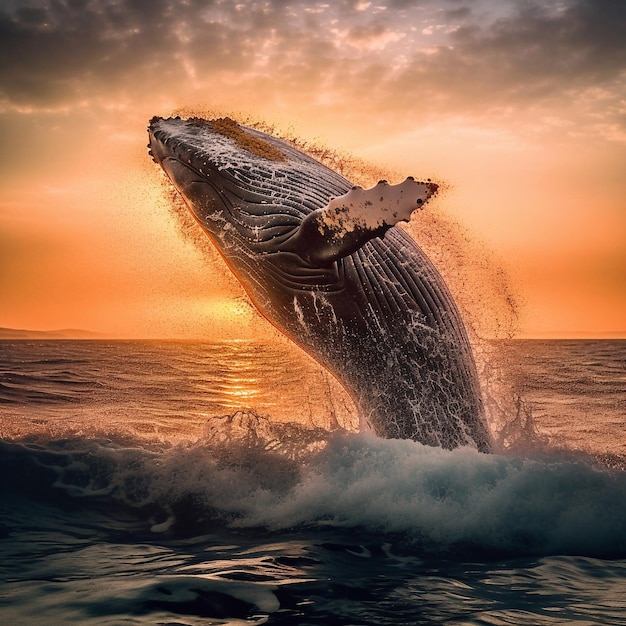 A whale jumps out of the water at sunset