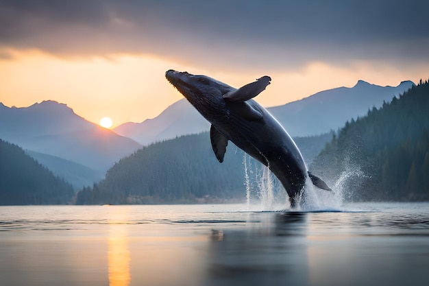 A whale jumps out of the water at sunset