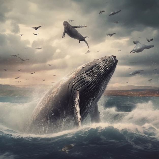 A whale jumps out of the water with birds flying around it.