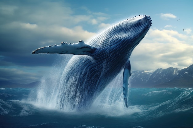 Whale in the ocean 3D render Nature background photorealistic shot of a blue whale breaching the surface of the ocean AI Generated