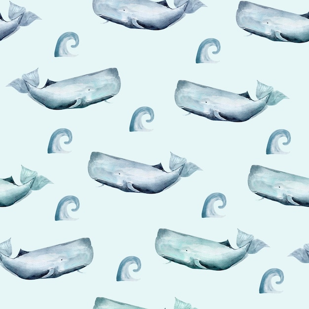 Whale in the ocean watercolor seamless pattern