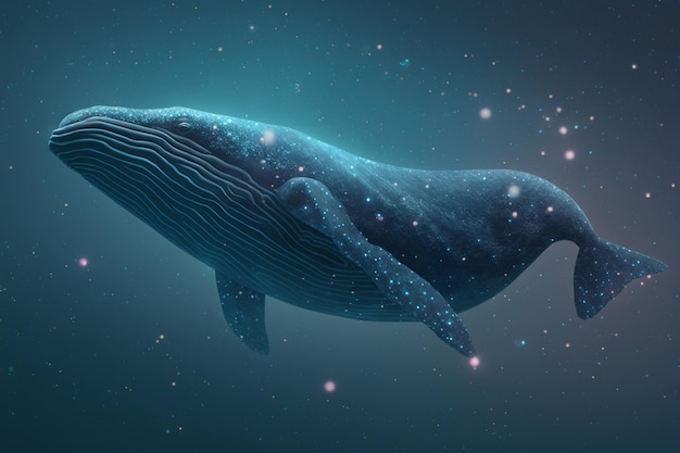 A whale in the ocean with a blue background