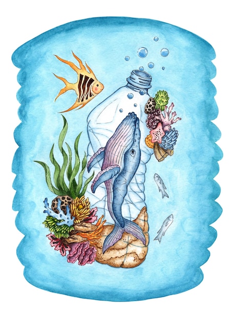 Whale in a plastic bottle watercolor