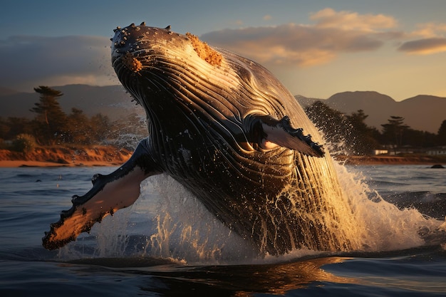 Foto la coda della balena si rompe sopra l'acqua mostrando spruzzi d'acqua