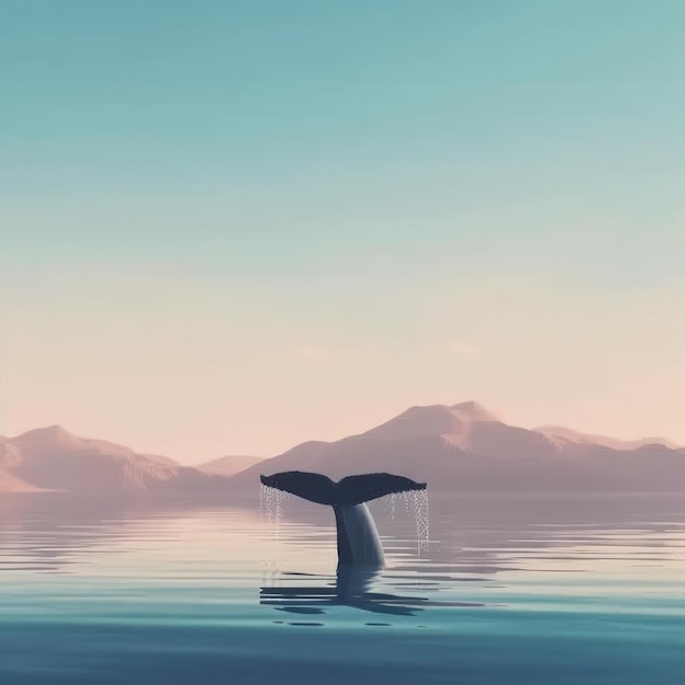 A whale's tail is in the water