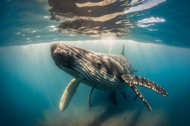 A whale shark swims in the ocean.