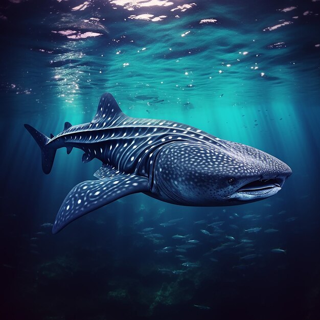 Photo a whale shark with a large body walks among the small fish