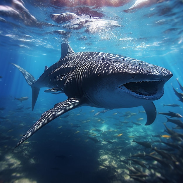A whale shark with a large body walks among the small fish