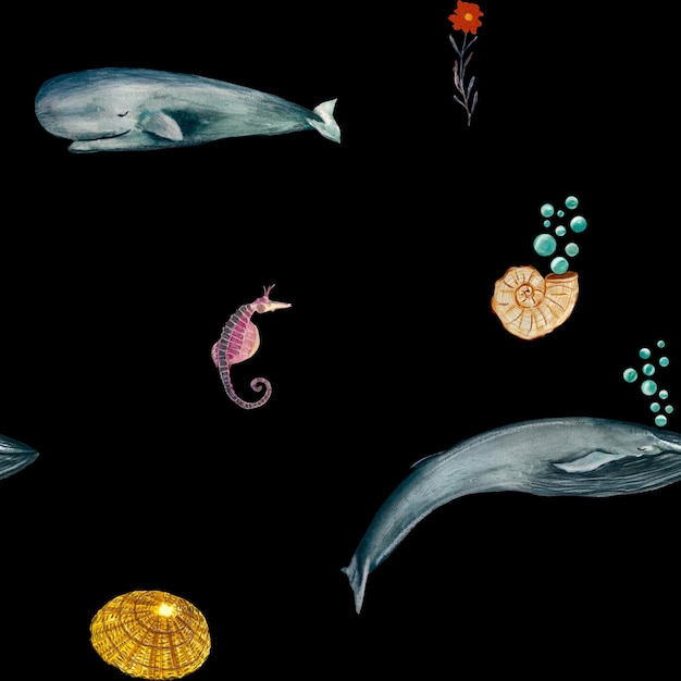 Foto modello di scogliera di cavalluccio marino conchiglia di balena. un'illustrazione isolata dell'acquerello. disegnato a mano. sul dorso nero.