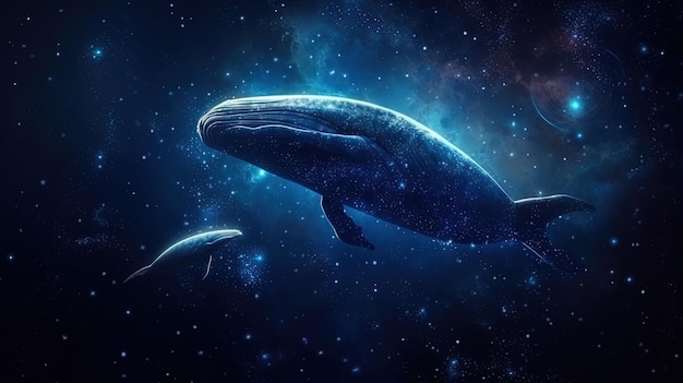 A whale in the space with the words blue whale on the bottom