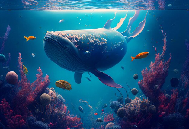 A whale swimming in the ocean over a colorful coral reef in surrealism style Generative AI