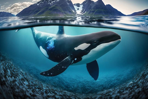 A whale swimming in the ocean with mountains in the background