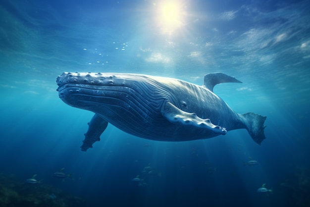 A whale swimming in the ocean with the sun shining on it.