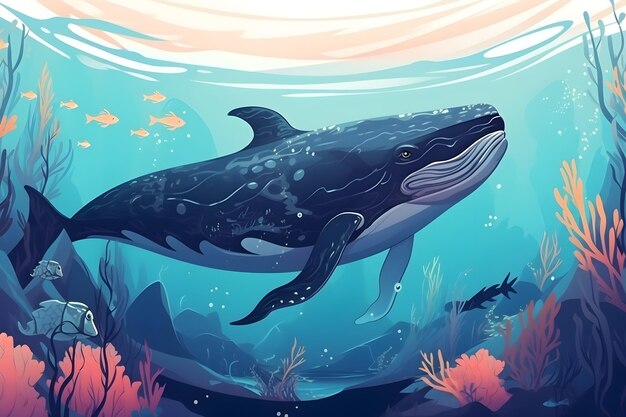 A whale swimming under the sea with a fish on the bottom