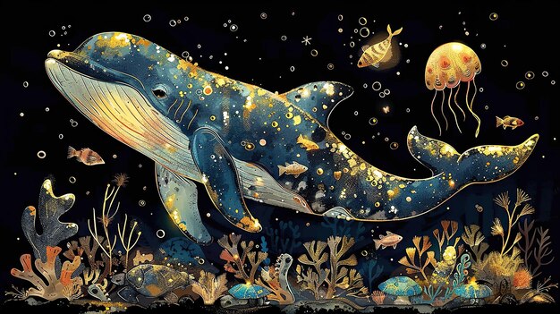 Whale Swimming in Starry Underwater World