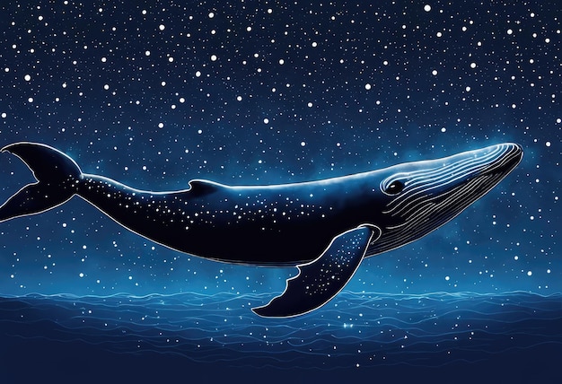 A whale swimming through a starry night sky