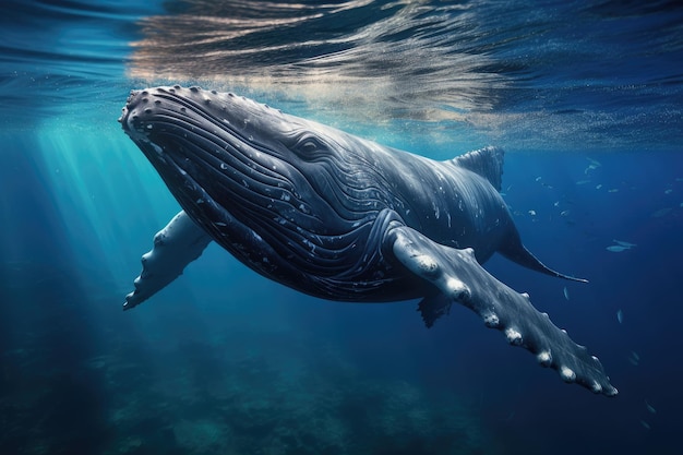 바다에서 물 에서 헤엄치는 고래 3D 렌더링 아기 <unk>백 고래는 푸른 물에서 표면 근처에서 놀고 있습니다.