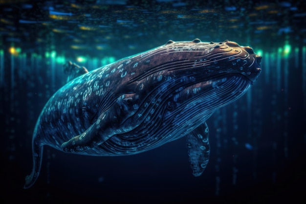 A whale swimming under the water in the dark