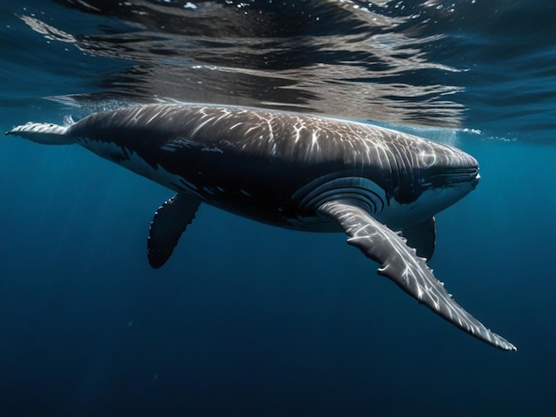 尾を巻いて水中を泳ぐクジラ