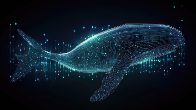 デジタル背景にクジラのシンボル生成 AI テクノロジーを使用した金融およびビジネス市場のコンセプト