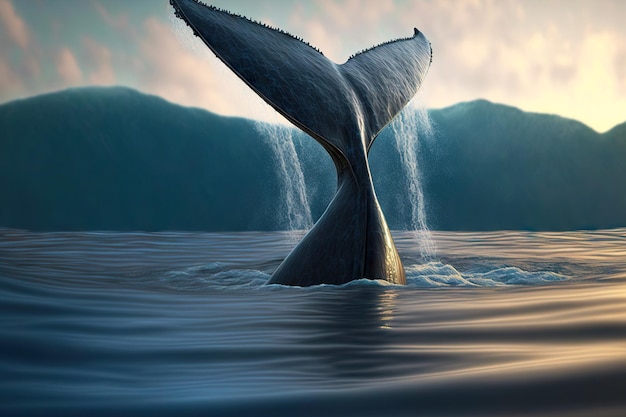 Whale tail hitting water against background of seascape in Arctic