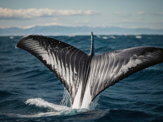 a whale tail is visible in the water as it dives out of the water