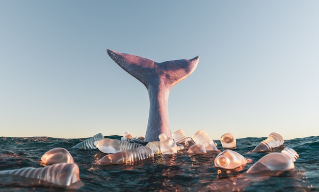 whale tail in the ocean surrounded by plastic bottles