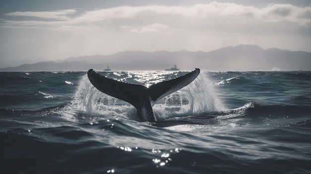 Whale tail in the ocean with a boat in the background