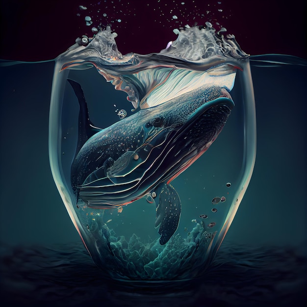 Whale underwater in a glass vase 3d illustration