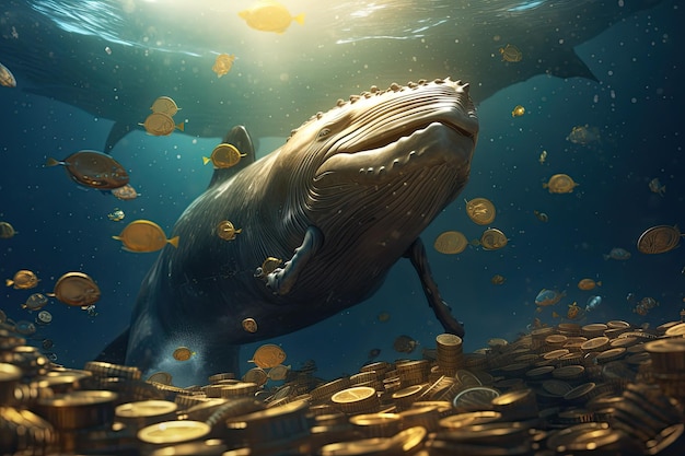 金貨を持つ水中のクジラの3Dレンダリングとイラスト水中のAIが生成した海でビットコインの金貨を何千枚も食べる大きなクジラ