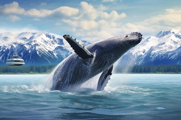 Photo a whale in the water with mountains in the background