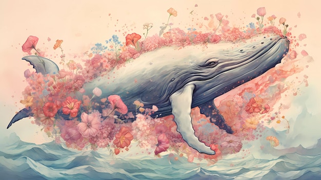 A whale in a wave with flowers on it