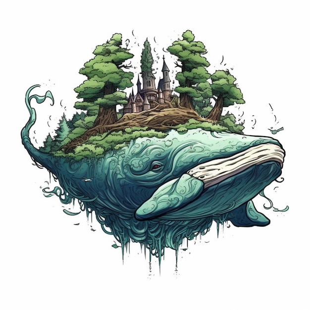 Photo a whale with a castle on top of it floating in the ocean generative ai