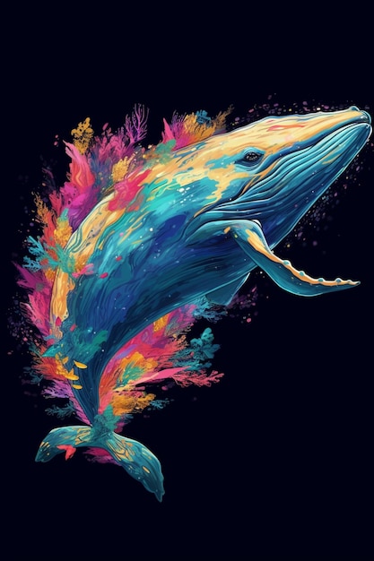 A whale with a colorful tail and the words whale on it