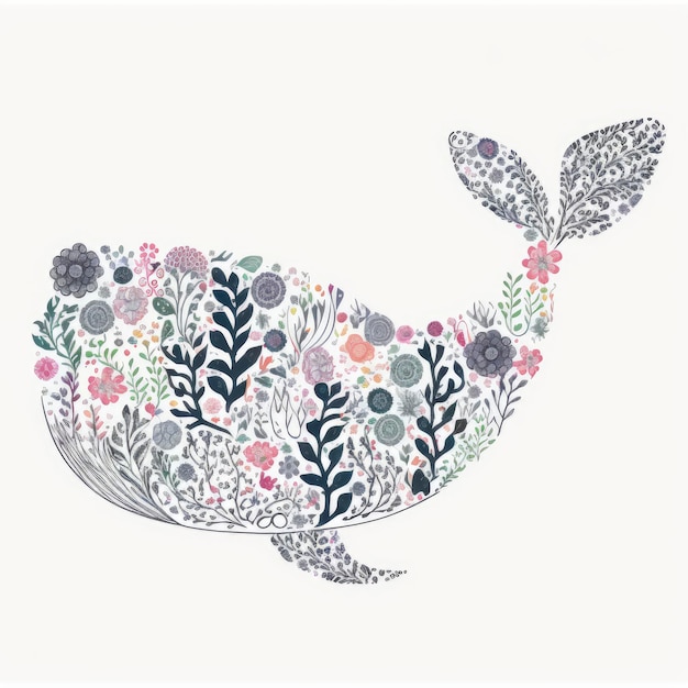 Photo a whale with flowers and leaves on it