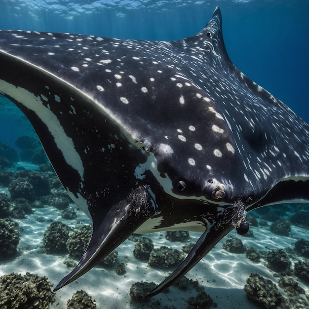 a whale with white spots is swimming in the water