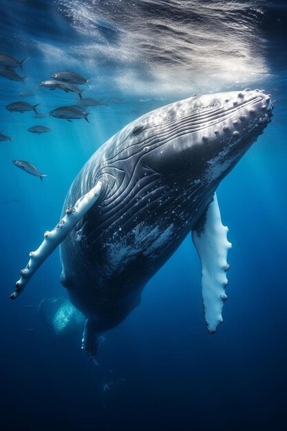 고래의 머리는 배경에 고래와 함께 물 에 있습니다.