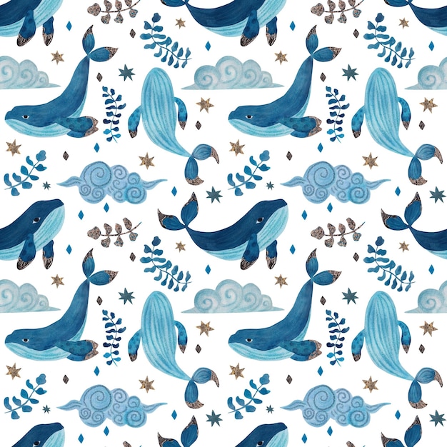 Whales and stars Seamless pattern watercolor illustration