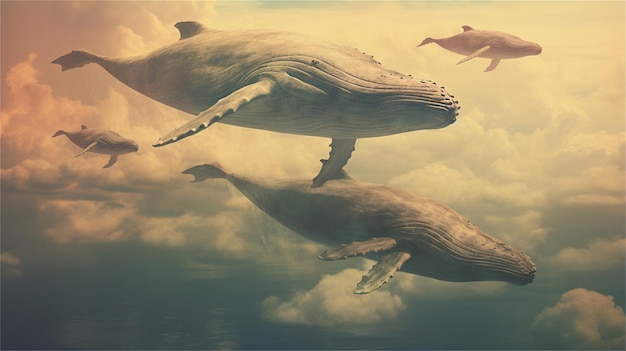 Whales swimming in the sea 3D render Clip art