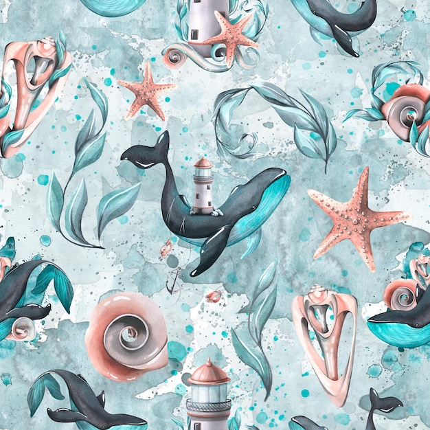 Whales with lighthouses shells algae and starfish Watercolor illustration Seamless pattern from a large set of WHALES For fabric textiles wallpaper prints covers packaging paper clothing